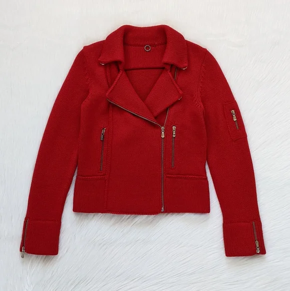 Anthropologie One Girl Who Red Wool Knit Sweater Moto Jacket | Size S - Picture 6 of 15